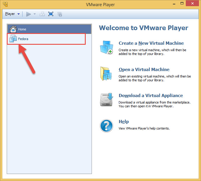 выбор виртуальной машины в VMware player